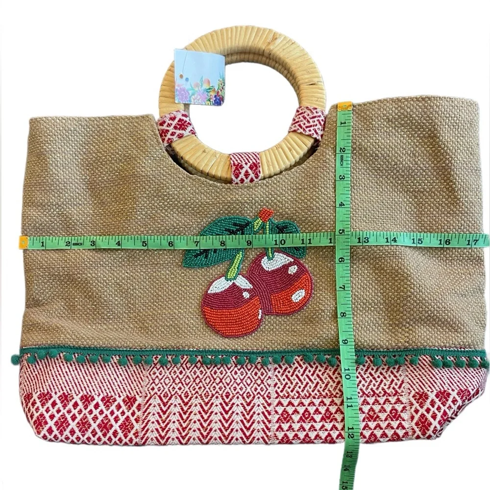 Chic Cherry Beaded Tote Bag with Bamboo Handles and Crossbody Strap